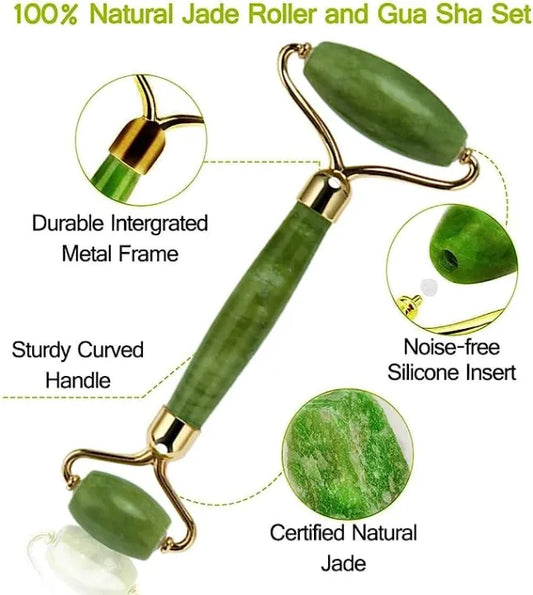 Jade Roller & Gua Sha Set – Natural Stone Face Massager for Anti-Aging, Puffiness & Wrinkle Reduction